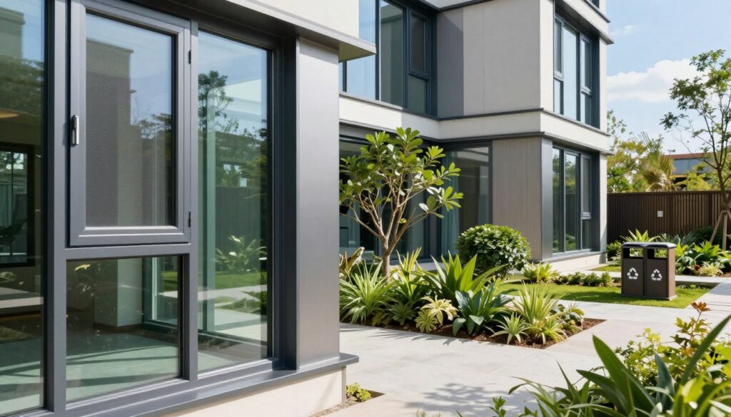 A modern, eco-friendly building featuring sustainable plastic-aluminum windows, showcasing their sleek design and energy efficiency. In the foreground, a close-up of the windows highlights the shiny aluminum frames and durable, weather-resistant plastic, reflecting natural sunlight. In the middle ground, a beautifully landscaped garden with lush greenery emphasizes the connection between architecture and nature. Eco-friendly recycling bins are subtly integrated into the scene. The background features a clear blue sky and distant trees, symbolizing environmental harmony. The lighting is bright and natural, casting soft shadows to create a welcoming atmosphere. The overall mood conveys innovation, sustainability, and a commitment to energy efficiency in contemporary architecture.