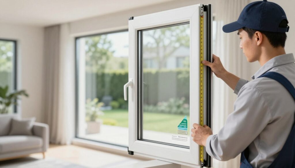 A modern, energy-efficient Kunststofffenster installation in a well-lit room, showcasing the window's superior insulation features. In the foreground, a professional installer in business attire carefully measures and aligns the window frame. The middle ground features the sleek, stylish window with visible energy efficiency certifications displayed. The background includes a bright, airy room with soft, natural light filtering through the window, highlighting the exterior view of a green garden. The atmosphere feels calm and efficient, emphasizing the importance of energy conservation in a modern living space. Shot from a slightly angled perspective to capture both the window and the installer at work, with a focus on realistic textures and materials.