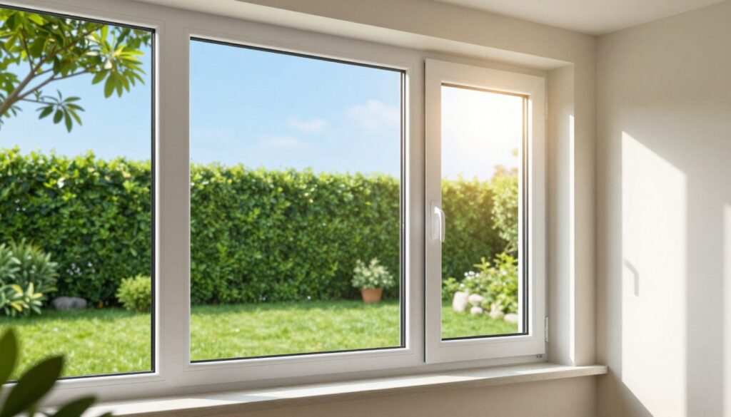 A modern, energy-efficient PVC window with triple glazing showcased in a contemporary home setting. In the foreground, the sleek, white window frame contrasts against a vibrant green backdrop of a manicured garden, highlighting the energy efficiency of triple glazing. The sun is shining through the glass, creating a warm, inviting glow, while soft shadows play on the interior walls. In the middle ground, the window is slightly opened, displaying the layered glass panels that emphasize insulation properties. The background features a clear blue sky and a glimpse of a leafy tree, representing a sustainable environment. The atmosphere is tranquil and bright, conveying the importance of modern energy-efficient solutions in home design.
