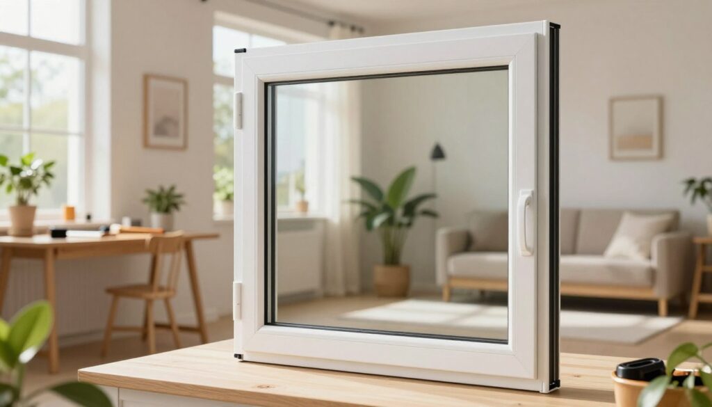 A modern, energy-efficient plastic window in a bright, sunlit room, showcasing its durability and maintenance features. In the foreground, the window is framed elegantly, with clear glass reflecting soft daylight. The middle ground includes a well-organized workspace with plants and tools indicating window care and longevity. The background presents a cozy home setting, emphasizing a harmonious blend of indoor and outdoor elements. The lighting is warm and inviting, highlighting the window's craftsmanship. Use a wide-angle lens perspective to capture the entire scene, creating an atmosphere of efficiency and sustainability in home improvement. The overall mood conveys professionalism and practicality, ideal for showcasing the economic value and longevity of plastic windows.