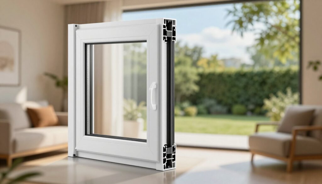 A modern, energy-efficient plastic window prominently displayed in the foreground, showcasing its sleek design and insulated frame. The window should have clear glass reflecting natural light, emphasizing its energy-saving benefits. In the middle ground, depict a cozy, well-lit room with a subtle warm atmosphere, highlighting the comfort it provides. In the background, a peaceful outdoor scene with lush greenery and blue skies suggests a serene environment, indicating reduced energy costs. Soft, natural lighting streams through the window, creating an inviting ambiance. Use a shallow depth of field to keep the focus on the window while softly blurring the background elements. The overall mood is professional and optimistic, reflecting advancements in energy efficiency and home comfort.