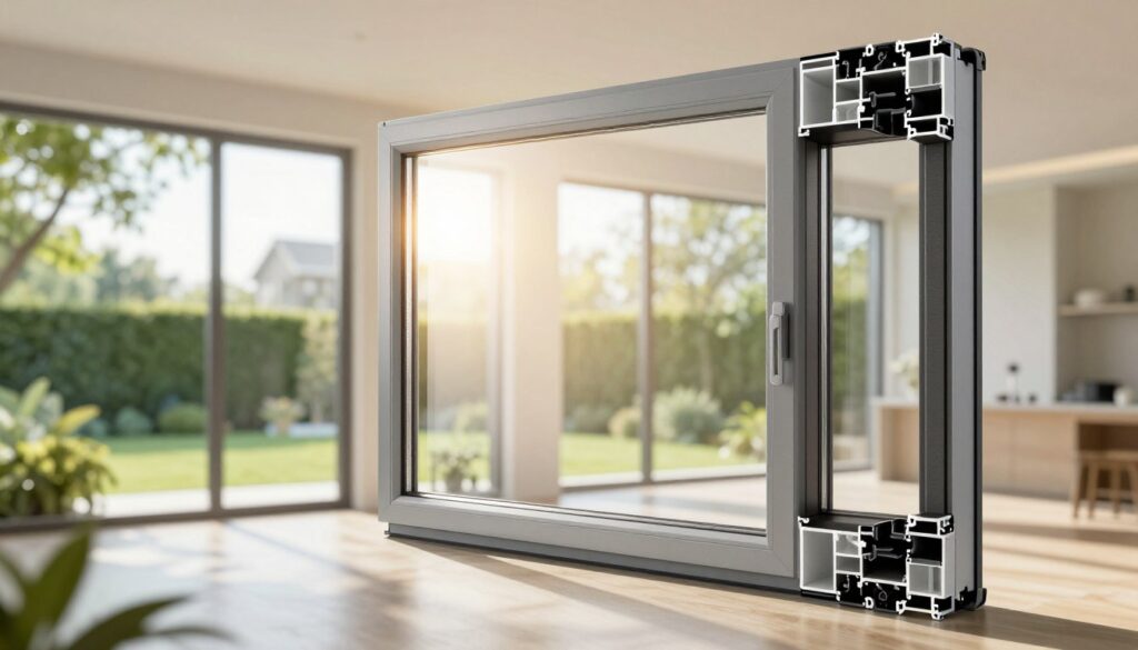A modern, energy-efficient plastic window prominently displayed in the foreground, showcasing its sleek design and advanced sealing features. The window frame is filled with triple-glazed glass, reflecting sunlight in a warm, inviting glow. In the middle ground, a bright and airy interior of an energy-efficient home is visible, with soft natural light filtering in through the windows. The background features a green, lush garden, symbolizing sustainability and environmental friendliness. The image is captured with a wide-angle lens, emphasizing the window's aesthetics and insulation qualities. The atmosphere is modern, clean, and optimistic, embodying the perfect blend of functionality and style in energy-efficient building materials.