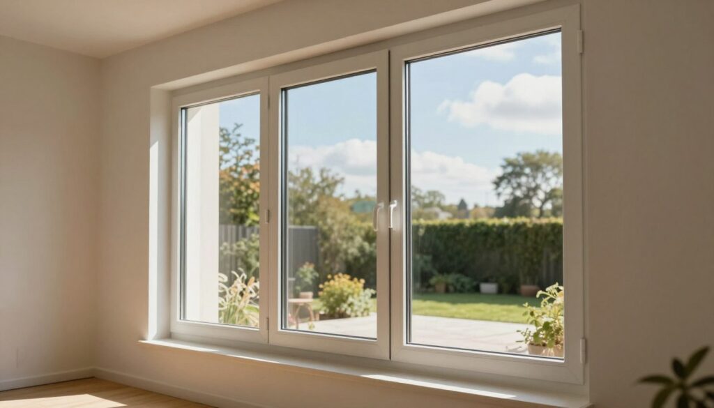 A modern, energy-efficient triple-glazed plastic window installed in a stylish contemporary home. In the foreground, the sleek frame of the window showcases its three layers of glass, each reflecting light differently. The middle ground features a well-lit, airy room with natural sunlight pouring in, emphasizing the clear view outside of a serene garden. The background includes a blue sky with soft clouds, adding an inviting ambiance. Use warm, natural daylight to create a cozy atmosphere. The lens should capture the details of the window finish and the reflections playing on the glass surface, conveying a sense of energy efficiency and modern design through a slightly angled perspective.