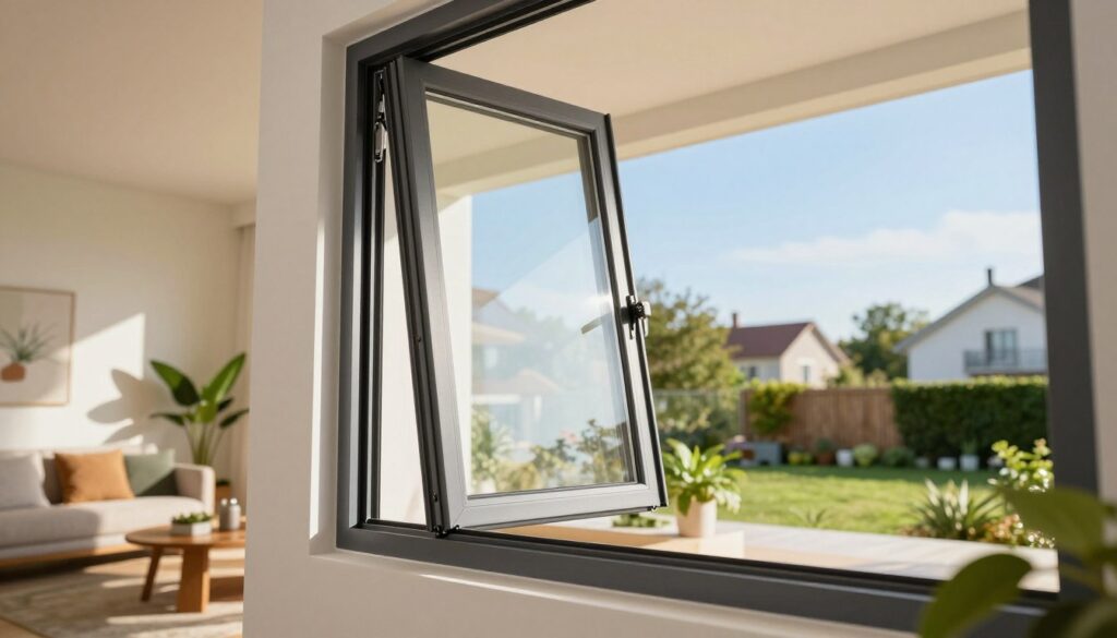 A modern, energy-efficient window design emphasized with a sleek aluminum frame and durable plastic elements. In the foreground, showcase the window partly open, letting in gentle sunlight that elegantly highlights its energy-saving features, emphasizing clear glass panes and insulation details. In the middle ground, display a bright and airy interior with a cozy living space, including plants and modern furniture that reflects comfort and eco-friendliness. In the background, a serene outdoor view featuring greenery and houses, all under a clear blue sky, to convey a harmonious relationship between the home and nature. The lighting should evoke warmth and positivity, captured from a slight upward angle to showcase the window's design and its functional benefits.