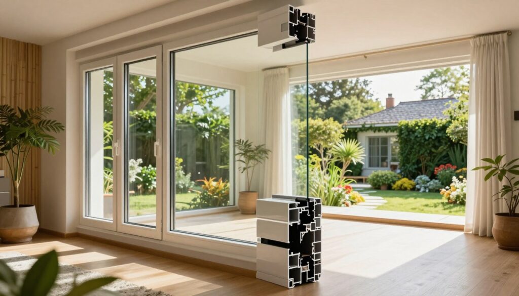 A modern, energy-efficient window design featuring triple-glazed plastic frames, showcasing their sleek appearance and superior insulation properties. In the foreground, there’s a close-up of the window with reflections of greenery, highlighting sustainability. The middle ground includes a bright, airy room with natural light streaming in, enhanced by eco-friendly materials like bamboo and recycled textiles. In the background, a vibrant garden connects to the home, symbolizing harmony with nature. The lighting is soft and warm, suggesting a comfortable atmosphere. The scene is captured with a wide-angle lens to emphasize depth and perspective, creating a sense of openness and environmental consciousness, perfect for illustrating the theme of sustainability in window technology.