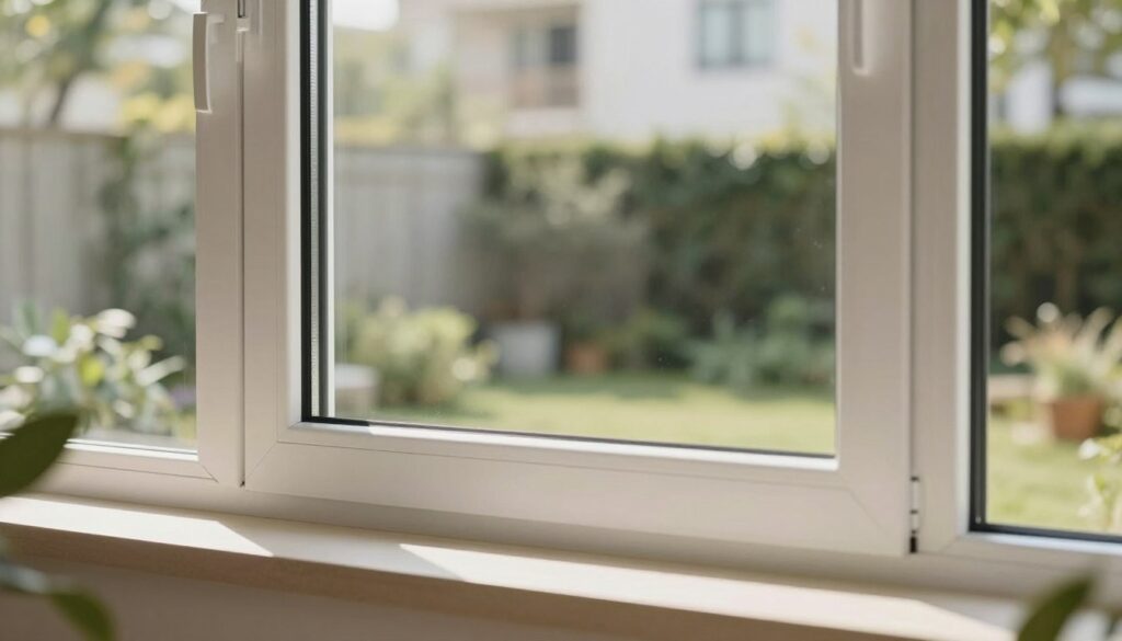 A modern, high-quality PVC window with triple glazing, showcased prominently in the foreground, highlighting its sleek design and superior insulation properties. The window frame should be finished in a deep shade of white, with a clean, contemporary aesthetic. In the middle ground, a quiet and serene urban environment can be seen, symbolizing effective sound insulation, with soft, natural lighting filtering through the window panels. The background reveals a tranquil garden setting, underscoring the energy-efficient benefits of triple glazing. The atmosphere should be calm and peaceful, emphasizing safety and comfort within a well-designed space, captured from a slight angle to showcase the window’s depth and detail, using a soft focus to enhance the overall warmth of the scene.