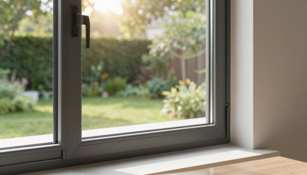 A modern, high-quality window design showcasing a stylish Kunststoff-Alu window in a contemporary home setting. In the foreground, the window features a sleek frame with a combination of aluminum and durable plastic, gleaming in the natural light. The middle ground presents a beautiful view of a lush garden, enhancing the window’s aesthetic appeal and energy efficiency. In the background, soft sunlight filters through trees, casting gentle shadows and creating a warm, inviting atmosphere. The composition is captured from a slightly angled perspective, emphasizing the window's craftsmanship and functionality. The overall mood is serene and professional, illustrating the durability and maintenance ease of premium windows.