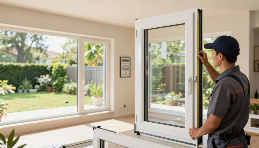 A modern home interior showcasing the installation of affordable plastic windows. In the foreground, a skilled technician in professional attire is carefully measuring and fitting a sleek, white PVC window frame. The middle ground features a spacious, sunlit room with partial views of multiple window options displayed, highlighting their features and cost-effectiveness. The background reveals a vibrant garden outside, with greenery framing the windows, emphasizing the connection between indoor comfort and outdoor beauty. Soft, natural lighting fills the scene, creating an inviting and warm atmosphere. The angle is slightly elevated, capturing the details of both the installation process and the elegant design of the windows, ensuring a professional and informative visual experience.