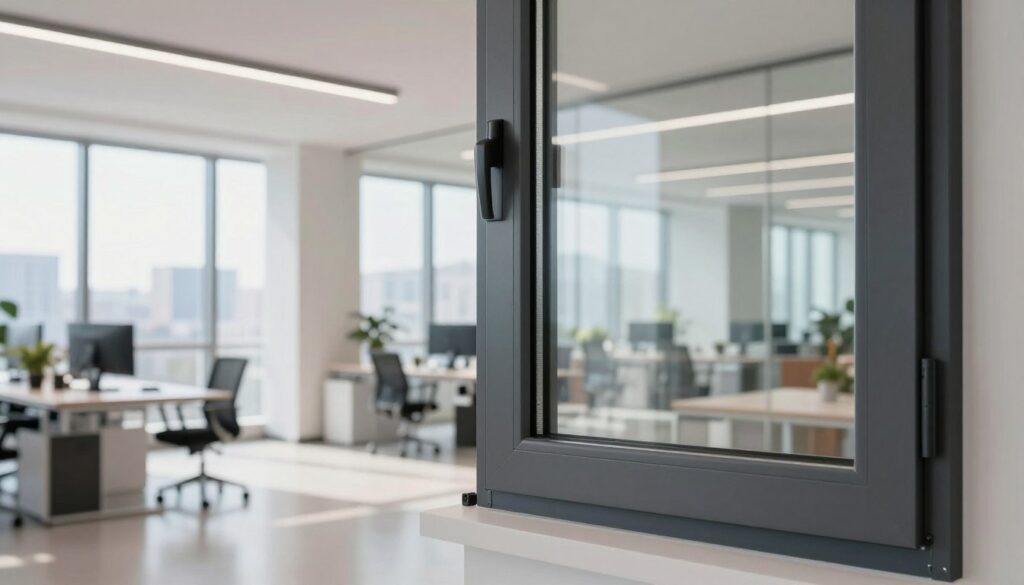 A modern, innovative workspace featuring advanced window technology. In the foreground, a close-up of a sleek, double-glazed plastic window with advanced thermal insulation features, showcasing its energy efficiency. The middle ground displays a bright, airy office environment filled with natural light streaming through multiple windows, reflecting a contemporary design with minimalistic furniture. In the background, cityscape views are visible through large glass panels, hinting at the cutting-edge technology outside. Soft, diffused lighting enhances the atmosphere, creating a sense of tranquility and modernity. The image should convey a professional mood, ideal for an article focused on extending the lifespan of plastic windows through innovative technology. No text or watermarks present.