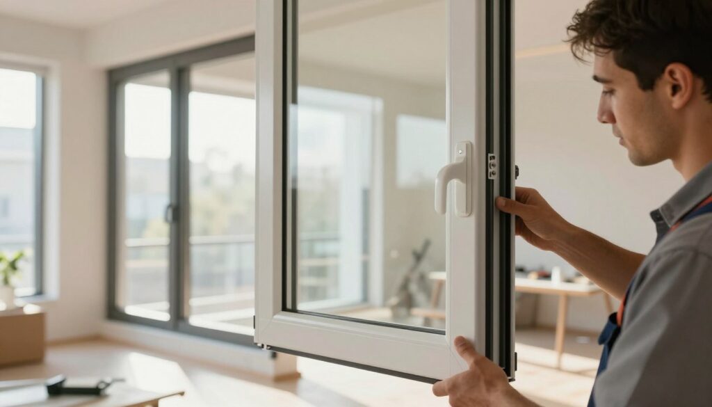 A modern installation scene showcasing high-quality plastic windows in a well-lit room. In the foreground, a close-up of a craftsman expertly fitting a sleek plastic window frame, wearing professional work attire, focused on the details. The middle layer features the partially installed windows, showcasing their durability and energy efficiency, highlighted with natural sunlight streaming through the glass, creating a warm and welcoming atmosphere. In the background, a bright, airy space with clean lines and minimalistic decor, symbolizing modern architecture. The overall mood is one of professionalism and expertise, with soft, diffused lighting enhancing the serene, efficient environment.