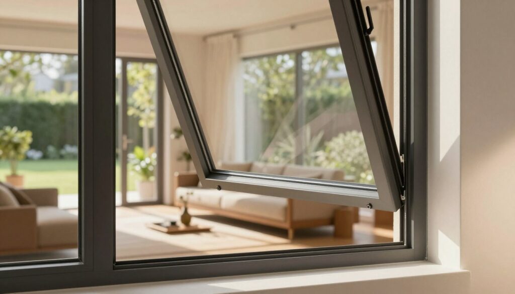 A modern interior scene showcasing high-quality plastic windows with triple glazing, emphasizing energy efficiency. In the foreground, a sleek, open window reveals the clear, crisp details of the three layers of glass, reflecting natural light. The middle ground features a cozy living area, furnished with minimalist decor, allowing the sunlight to illuminate the space, highlighting the window's sleek profile. The background shows a serene garden view through the window, enhancing the connection to nature. Soft, warm lighting creates an inviting atmosphere, and the angle is slightly elevated, focusing on the intricate details of the window's structure. The overall mood is one of comfort and modern efficiency, reinforcing the importance of choosing the right windows.