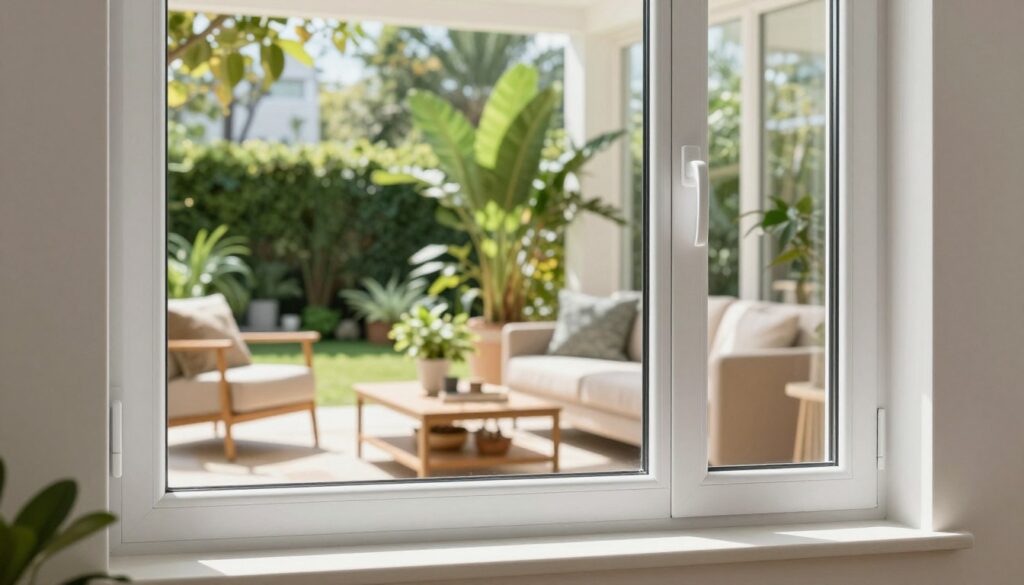 A modern living room showcasing the advantages of plastic windows. In the foreground, a stylish plastic window is prominently displayed, featuring sleek lines and energy-efficient glass. Sunlight streams through the window, highlighting its insulation properties. In the middle ground, a cozy indoor space is filled with vibrant plants and inviting furniture, creating a warm atmosphere. The background features a view of a serene, sunny garden, symbolizing how plastic windows enhance interior comfort and outdoor connection. The scene is illuminated with natural light to emphasize clarity and brightness. The overall mood should be uplifting and encouraging, inviting the viewer to appreciate the practical benefits of plastic windows, such as durability and low maintenance.