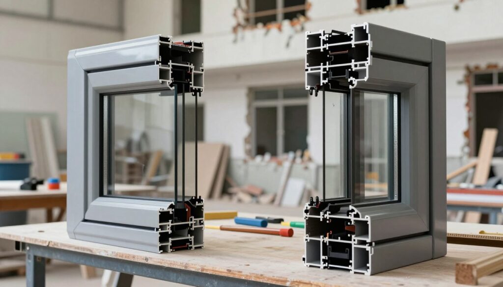 A modern setting showcasing advanced plastic frame profile systems designed for energy-efficient building renovations. In the foreground, display sleek, contemporary window profiles made from durable, high-quality plastic, emphasizing their thermal insulation properties. In the middle ground, a well-lit workshop environment features tools and materials indicative of an energetic renovation process. The background includes a partially renovated building facade, showcasing the blend of old and new construction styles. Soft, natural lighting enhances the clean lines and textures of the materials, while a slight depth of field effect draws focus to the window profiles. The overall mood conveys innovation and sustainability, ideal for an environment of financial support and energy efficiency.