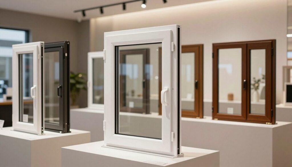 A modern showcase of high-quality plastic windows, featuring a variety of designs and colors arranged in a sleek, minimalistic showroom environment. In the foreground, focus on an elegant white casement window with intricate detailing, surrounded by a soft glow of natural light. The middle ground showcases additional window styles, including sliding and fixed options, displayed prominently on clean display panels. The background features tastefully adorned walls with contemporary decor, enhancing the atmosphere of sophistication and innovation. The scene is well-lit with warm LED lighting, creating an inviting ambiance. Capture the overall mood of professionalism and quality, ideal for demonstrating the leading brands in the plastic window market, while emphasizing clarity and detail in the craftsmanship of the windows.