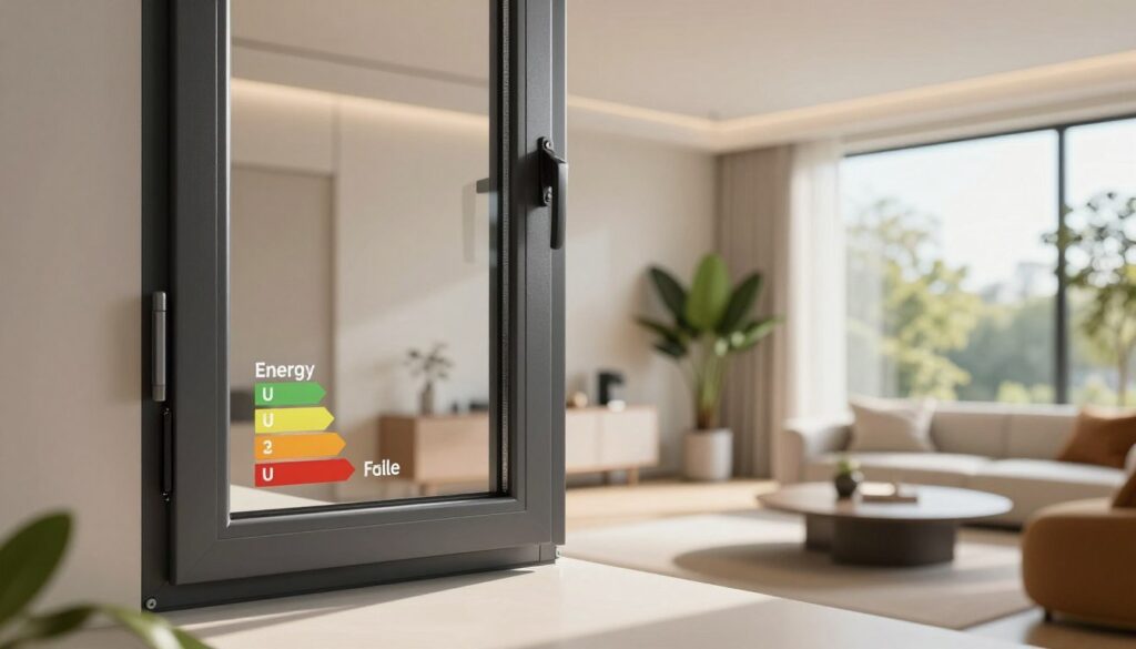 A modern, sleek PVC window prominently featured in the foreground, displaying its energy-efficient U-value rating clearly. The window is framed with a neutral-colored wall and set against a backdrop of a bright, contemporary living space filled with natural light pouring in through other large windows. In the middle ground, a stylish interior showcases minimalistic furniture and vibrant indoor plants, emphasizing a smart and eco-friendly lifestyle. Soft, diffused lighting creates a warm, inviting atmosphere, while a slight depth of field directs focus toward the window. The angle captures the window's design features, such as insulation details and frame construction, providing a sense of luxury and sophistication in modern architecture.