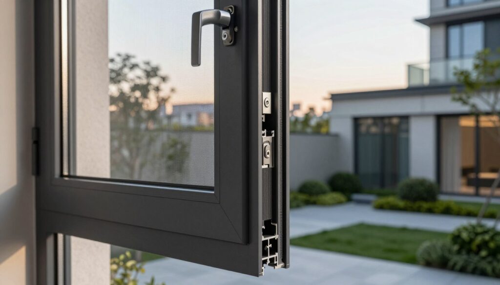 A modern, soundproof window featuring a blend of durable plastic and aluminum materials prominently displayed in the foreground, emphasizing its sleek design and safety features. The window is partially open, revealing a serene urban landscape beyond with soft lighting that captures the essence of a quiet afternoon. In the middle ground, a close-up showcases the window's advanced locking mechanism and insulation layers, highlighting its security aspects. The background features a contemporary building with a lush garden, reinforcing the energy-efficient theme. The overall atmosphere is tranquil and secure, with natural light casting subtle shadows, creating a sense of depth and sophistication. The image captures the essence of sound protection and safety in modern window technology.