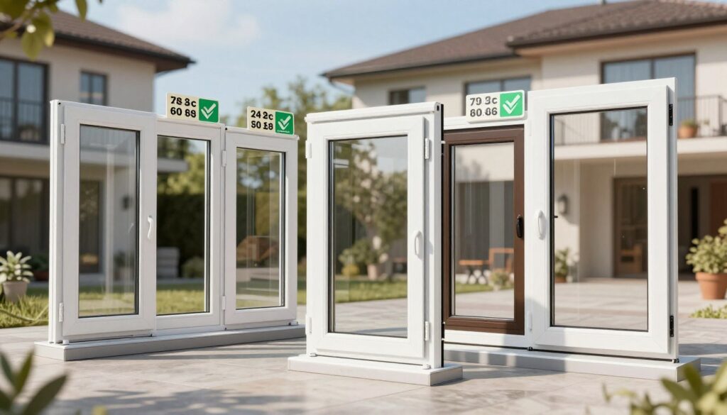 A modern, visually appealing comparison of various Kunststofffenster (plastic windows) options showcased in a sleek, organized layout. In the foreground, prominently display several windows with different styles, including double-glazed and energy-efficient designs, all resonating with contemporary architectural trends. The middle ground features price tags attached to each window, clearly showing price comparisons, perhaps with green checkmarks indicating subsidies and financial support available for homeowners. The background should suggest a sunny residential setting, emphasizing energy efficiency and modern living. Utilize natural lighting to create a warm atmosphere, capturing reflections in the windows to give them depth and realism. The entire scene should evoke a sense of practicality and accessibility for potential buyers.