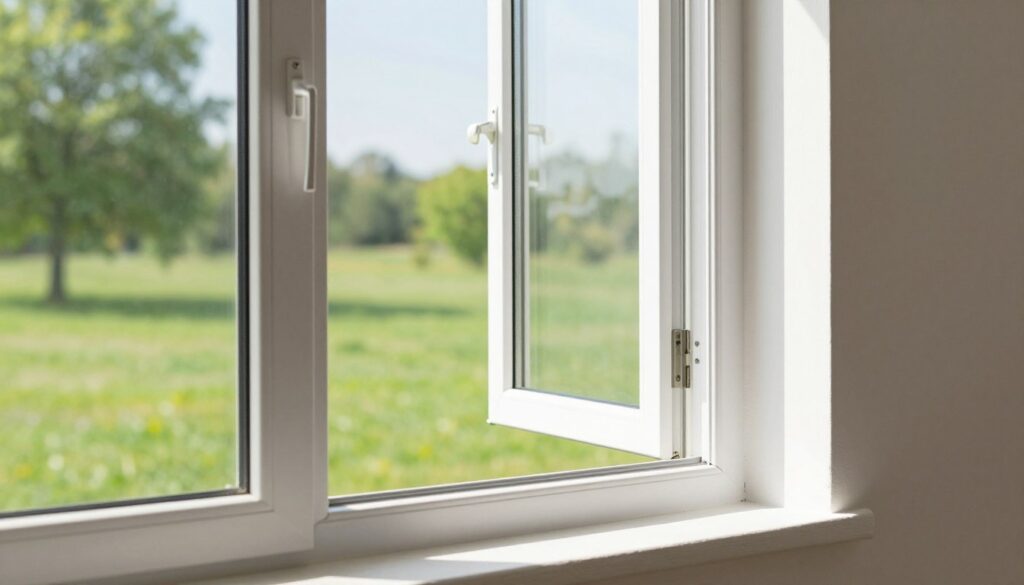 A modern window with high-quality triple glazing, showcasing exceptional thermal insulation properties. In the foreground, the window is open slightly to reveal a clearly defined view of a bright green outdoor landscape. The middle ground features the window frame crafted from sleek, white PVC material, highlighting its durability and energy efficiency. In the background, a sunny day illuminates the scene, enhancing the brightness and clarity of the window. Soft shadows play against the wall beside the window, emphasizing its structure. The image should invoke a sense of comfort and warmth, symbolizing energy efficiency and advanced technology in home construction. The composition should be clear and focused, reflecting a professional atmosphere, with natural daylight streaming in.