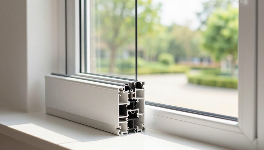 A pristine and modern setting showcasing a durable plastic window, emphasizing its longevity and resistance. In the foreground, a close-up of the window frame reveals intricate details of sturdy materials and weatherproof seals, reflecting quality craftsmanship. The middle ground features a bright, sunlit room behind the window, highlighting clarity and natural light filtering through. In the background, a serene outdoor view includes thriving greenery, symbolizing the window's energy efficiency and the benefits of good insulation. Soft, natural lighting enhances the overall atmosphere, creating a warm and inviting feel. The composition is shot at eye level with a slight focus blur on the background, ensuring the window is the focal point of the image, illustrating reliability and aesthetic appeal.