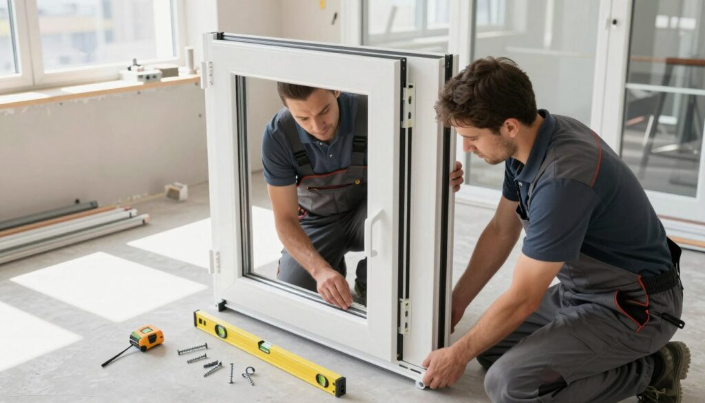 A professional installation scene featuring skilled workers assembling Kunststofffenster (plastic windows) in a bright, well-lit modern room. In the foreground, two technicians in business attire are carefully fitting a large, white Kunststofffenster into an opening. Tools such as a level, measuring tape, and screws are neatly arranged nearby. The middle ground should showcase the window’s frame, highlighting its sleek design and durable materials. In the background, there are unfinished walls, construction materials, and large sunlight streaming through an adjacent, open window, illuminating the scene. Emphasize a sense of teamwork and precision in a clean, organized work environment to convey professionalism and attention to detail. Use a slightly elevated angle to capture the entire installation process effectively.