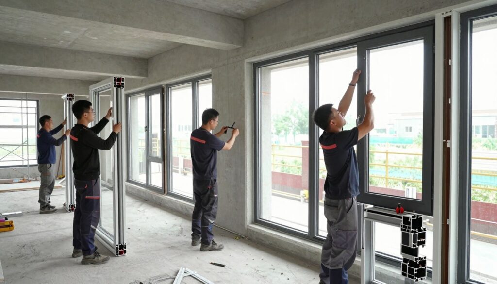 A professional installation scene of modern plastic-aluminum windows at a newly constructed building, showcasing the meticulous montage process. In the foreground, a skilled worker, dressed in professional work attire, carefully aligns a window frame within a spacious opening, using precision tools. The middle layer reveals additional team members actively engaging in the installation, ensuring each window is perfectly fitted and sealed. The background features a partially constructed structure with scaffolding and natural light pouring in, highlighting the clean lines and energy-efficient features of the windows. Emphasize a bright, well-lit atmosphere, capturing a sense of teamwork and professionalism, with clear details and an angle that gives depth to the scene. Aim for a balanced composition that draws the viewer into the installation process.