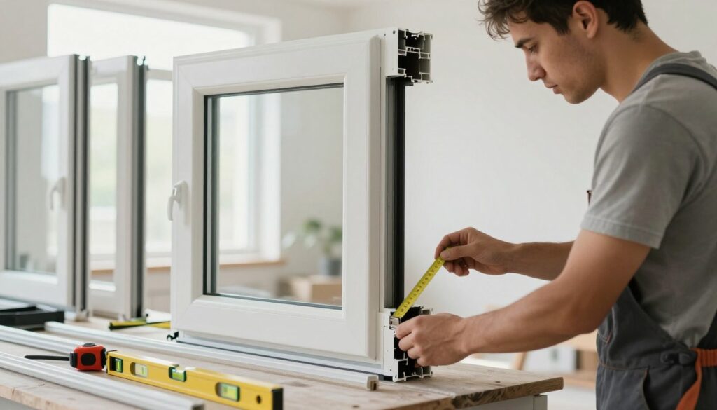 A professional installation scene showcasing the precise fitting of plastic window frames. In the foreground, a skilled installer in modest casual clothing focuses intently on measuring and aligning the frames, using tools like a level and a tape measure. The middle ground features the newly installed plastic window frames, highlighting their durable and energy-efficient design with clear insulation properties. In the background, a bright, well-lit room is visible, featuring natural light streaming through the completed windows. The atmosphere is one of professionalism and efficiency, with a clean and organized workspace, emphasizing the craftsmanship involved in the installation process. The image should have a realistic look, using soft lighting to enhance details and textures of the materials.