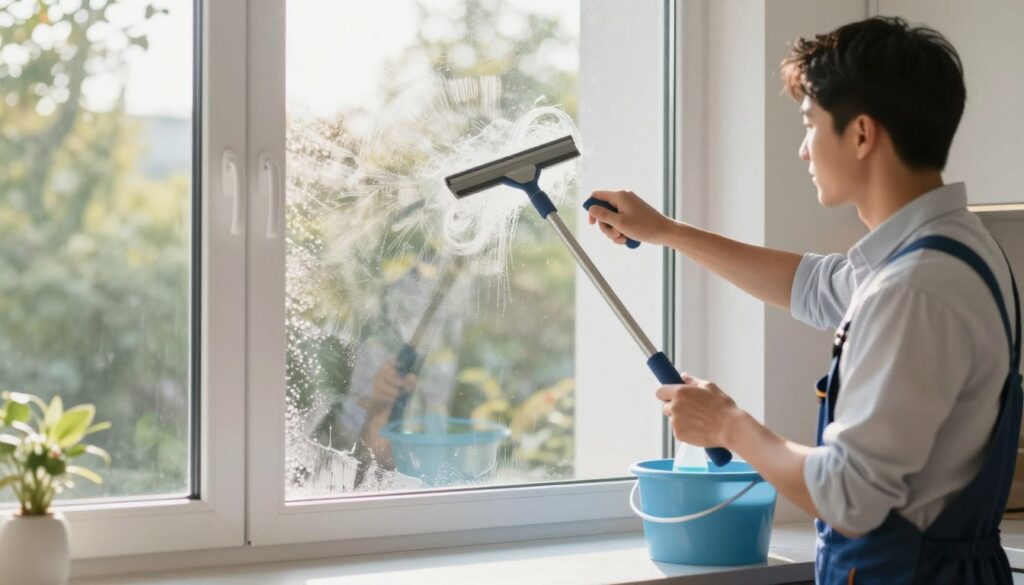 A professional window cleaning scene showcasing a clean, bright kitchen with large Kunststofffenster (plastic windows). In the foreground, a well-dressed individual wearing business attire is diligently cleaning the window, using a squeegee and a bucket of cleaning solution. Their focused expression conveys dedication to achieving crystal-clear results. The middle ground features sparkling reflections on the freshly cleaned window surface, emphasizing the effectiveness of the cleaning process. In the background, soft morning light filters through the trees outside, casting gentle shadows and creating a serene atmosphere. The scene is well-lit, using natural light that adds warmth to the space, encapsulating the perfect care and maintenance of plastic windows in a step-by-step approach.