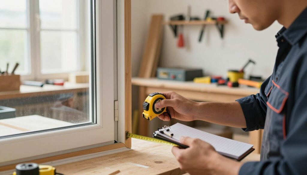 A serene and professional setting featuring a close-up view of a skilled craftsman inspecting and measuring a window frame, emphasizing precise measurements. In the foreground, the craftsman, dressed in smart casual clothing, holds a tape measure and a notepad, with focused expression. In the middle, the window frame displays clear signs of regular maintenance, showcasing clean seals and well-finished wood. The background reveals a well-lit workshop with tools neatly organized, highlighting a sense of order and professionalism. The natural light pours in through the windows, creating a warm, inviting atmosphere. The overall mood conveys diligence and care, illustrating the importance of proper window maintenance for longevity.