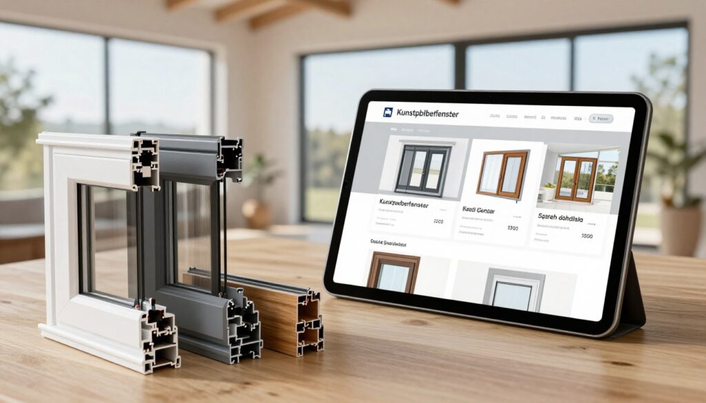 A sleek and modern online shopping interface showcases a variety of stylish Kunststofffenster (plastic windows) in the foreground, highlighting options in different colors and textures like white, gray, and wood-effect finishes. In the middle ground, a digital tablet displays detailed pricing and features of the windows, suggesting a user-friendly online buying experience. The background features a softly blurred image of a contemporary home with large, bright windows, casting natural light into the space. The scene is illuminated with warm, inviting light, creating a professional and welcoming atmosphere. The angle is slightly overhead, capturing the essence of a virtual shopping experience, emphasizing clarity and accessibility.