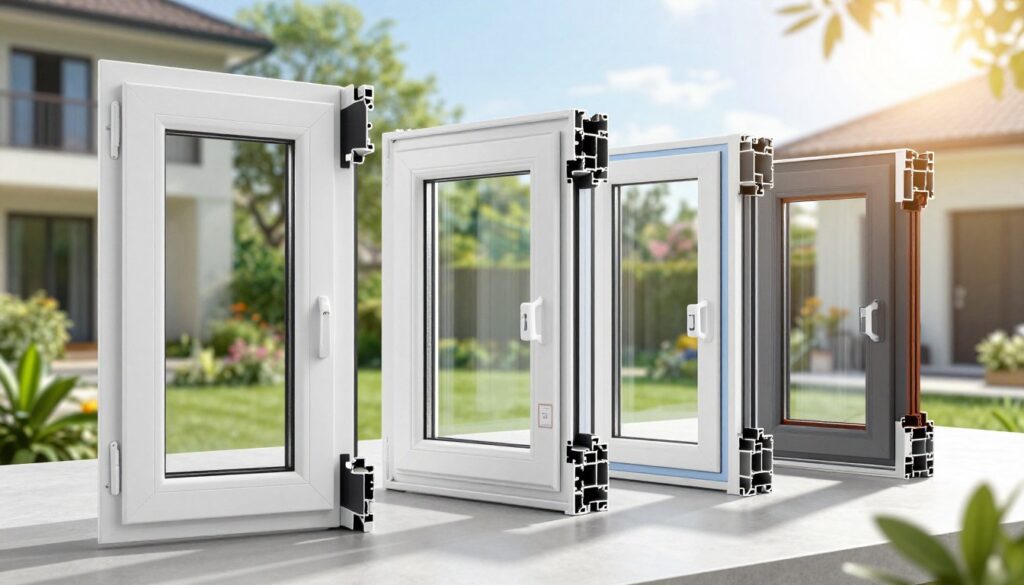 A sophisticated display of high-quality plastic windows, showcasing various styles and designs focused on energy efficiency and optimal insulation. In the foreground, a sleek modern window with a low U-value label is highlighted, its frame glossy and well-finished, reflecting natural light. The middle ground features a selection of different window styles, emphasizing their thermal performance, each with subtle labels indicating U-values. The background depicts a serene residential setting, with lush greenery and a sunny sky, enhancing the impression of a comfortable home. The lighting is bright and inviting, casting soft shadows, while a hint of lens flare adds an artistic touch. The overall atmosphere is one of professionalism and innovation in home insulation technology.
