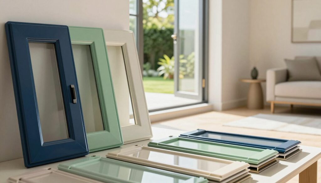 A vibrant display of trendy plastic window color palettes showcased in an elegant interior setting. In the foreground, a stylish arrangement of glossy plastic window samples, featuring various modern colors such as deep navy, muted sage green, and soft pastel hues. The middle ground features a sleek window frame partially open, revealing a sunny garden view. The background is softly blurred, depicting a contemporary living room with minimalistic decor, allowing the color palette to stand out. The lighting is bright and inviting, simulating natural sunlight streaming through the window, highlighting the texture and finish of the plastic. The overall mood is fresh, inspiring, and design-oriented, perfect for showcasing personal style choice in modern homes.