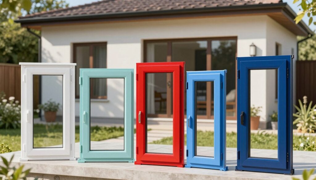 A visually appealing display of colorful Kunststofffenster (plastic windows) in various shades, arranged prominently in the foreground. The windows showcase a variety of modern designs, featuring smooth finishes and clean lines, with hues ranging from vibrant reds and deep blues to soft pastels. In the middle ground, a stylish contemporary home serves as the backdrop, blending harmoniously with the windows and highlighting their aesthetic appeal. Soft natural lighting pours in, casting gentle shadows and emphasizing the textures of the windows. In the background, a lush green garden adds a touch of tranquility, suggesting a serene residential environment. The overall mood is inviting and professional, perfect for illustrating design choices and regulations in window color selection.