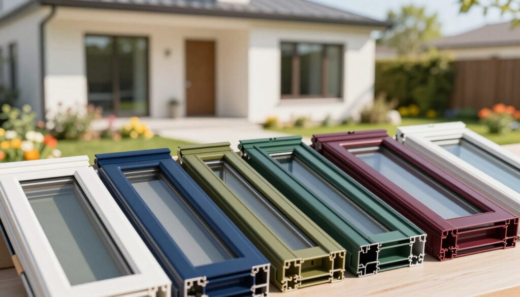 A visually appealing display of various colorful plastic window samples, showcasing a range of hues suitable for modern architecture. In the foreground, an array of rectangular window frames in vivid colors like soft white, deep navy, earthy green, and rich burgundy is neatly arranged. The middle ground features a blurred, soft-focus view of a contemporary house exterior, highlighting the windows in a realistic setting. In the background, a garden with lush greenery and colorful flowers complements the palette, enhancing the overall attractiveness. The scene is illuminated by bright, natural daylight, creating inviting shadows. The lens captures a slight tilt from above, providing a creative angle that draws attention to the colorful options. The mood is optimistic and stylish, suitable for homeowners seeking color inspiration for their plastic windows.