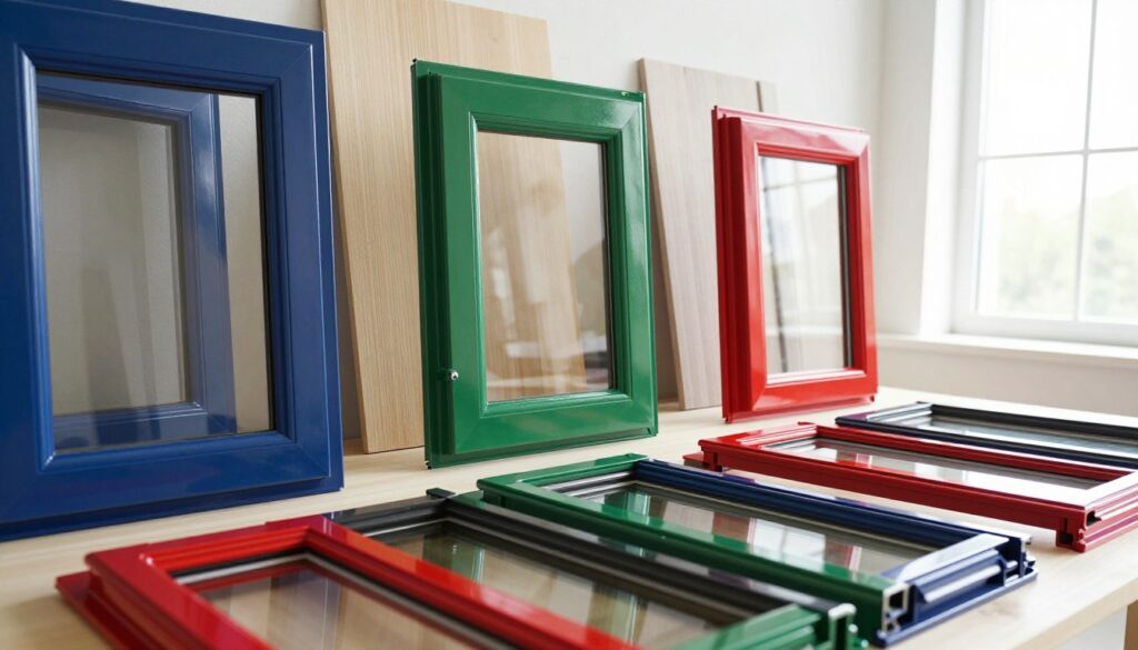 A visually striking display of various colored plastic windows arranged harmoniously in a bright, modern setting. The foreground features a close-up of a vibrant selection of window frames in different colors such as deep blue, forest green, and bright red, showcasing their smooth finish and texture. In the middle ground, there are stylishly placed samples against a light wooden backdrop, allowing the colors to stand out vividly. The background showcases a sunlit room with natural light streaming in through a large window, enhancing the color vibrancy. The scene conveys a sense of modernity and sophistication, inviting the viewer to consider the aesthetic value of color choices in home design. The atmosphere is bright and welcoming, emphasizing the importance of color selection for plastic windows in contemporary architecture.