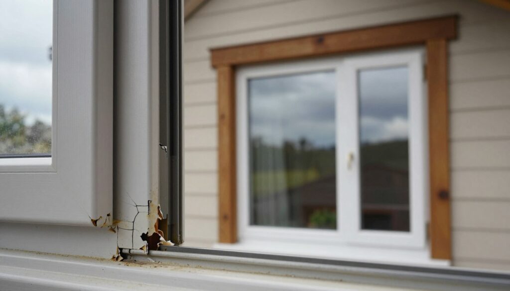 A visually striking image illustrating the disadvantages of uPVC windows, designed for an informative article section. In the foreground, showcase a detailed close-up of a damaged uPVC window frame, highlighting cracks, discoloration, and peeling. In the middle ground, depict a home environment with an old uPVC window, surrounded by contrasting elements like wooden frames and natural light filtering through, emphasizing a comparison. In the background, incorporate a cloudy, overcast sky to suggest weather susceptibility, and hint at energy inefficiency. Use soft, natural lighting to create a stark contrast between the worn materials and the inviting home setting. Aim for a mood that balances concern with insight, encouraging thoughtful reflection on the topic.