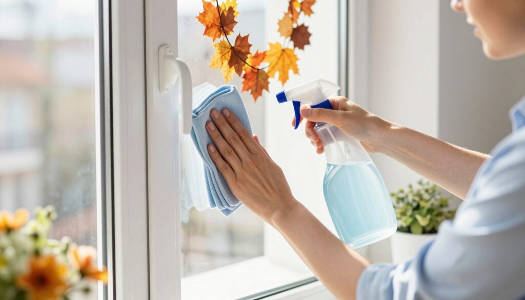 A well-lit scene depicting a person in professional casual attire carefully cleaning a white Kunststofffenster (plastic window) with a soft cloth and a spray solution. In the foreground, the focus is on the person's hands as they polish the window, showcasing the gleaming surface. The middle ground features the window frame and the surrounding area, displaying seasonal decorations that reflect preparation for changing seasons, such as autumn leaves or spring flowers. The background includes a bright, airy room, with natural sunlight streaming in, highlighting the cleanliness of the window. The mood is fresh and invigorating, emphasizing a sense of care and attention to detail in seasonal maintenance. Use soft, natural lighting to enhance the bright, clean atmosphere.